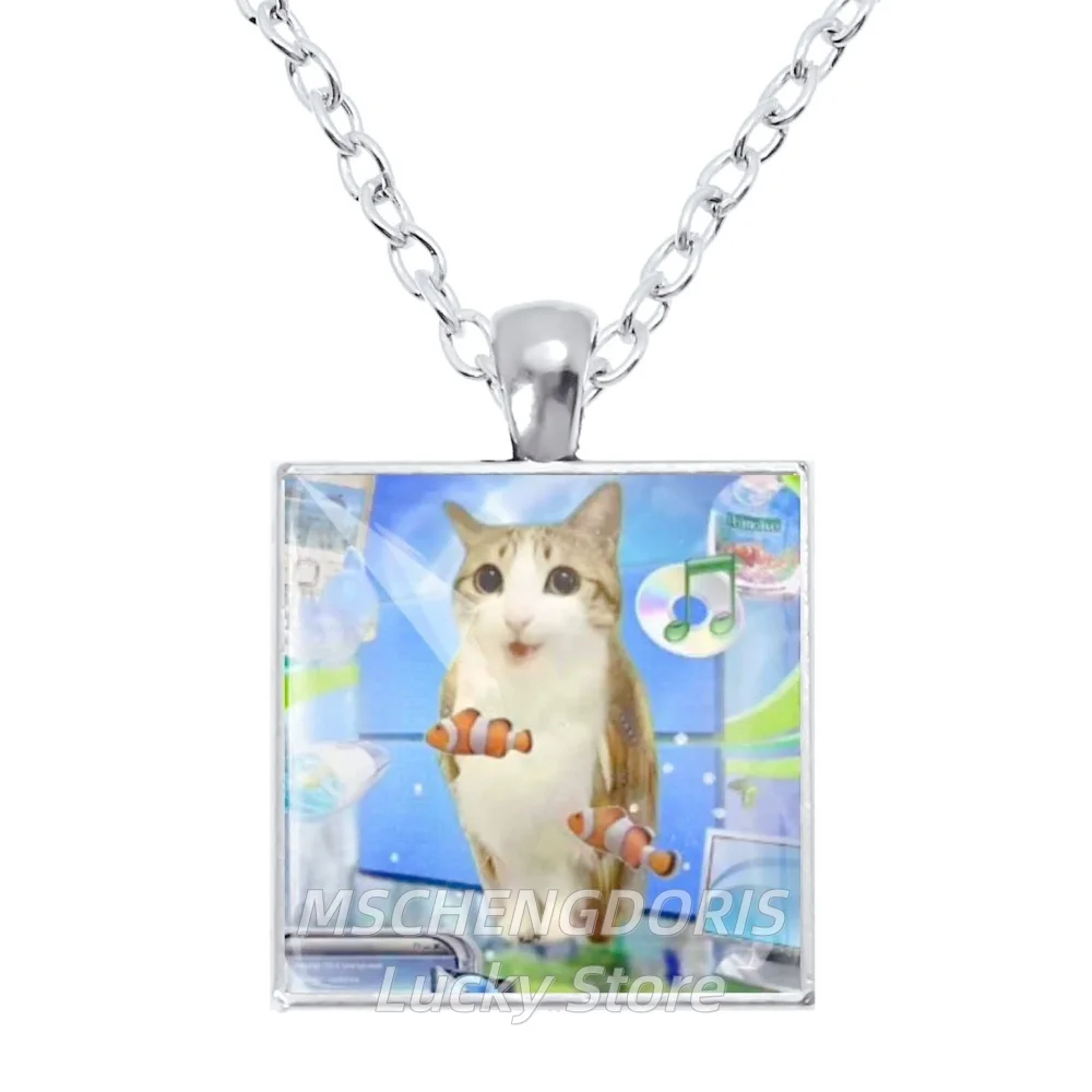 Colar Retrô Engraçado Frutiger Aero Art com Pingente Quadrado de Vidro Cabochon com Foto de Gato Meme, Joia para Presente, Atacado