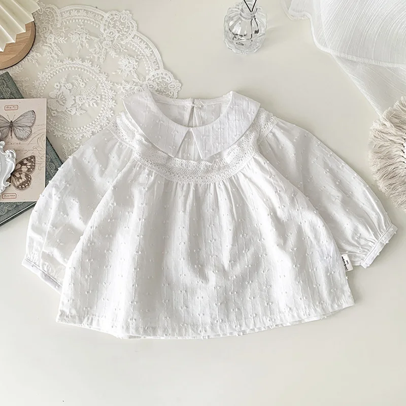 

Baby Girls T-shirt Long Sleeved Cotton White Shirt Lace Stitching Children Casual Loose T-shirt Autumn Spring Kids Pullover Top