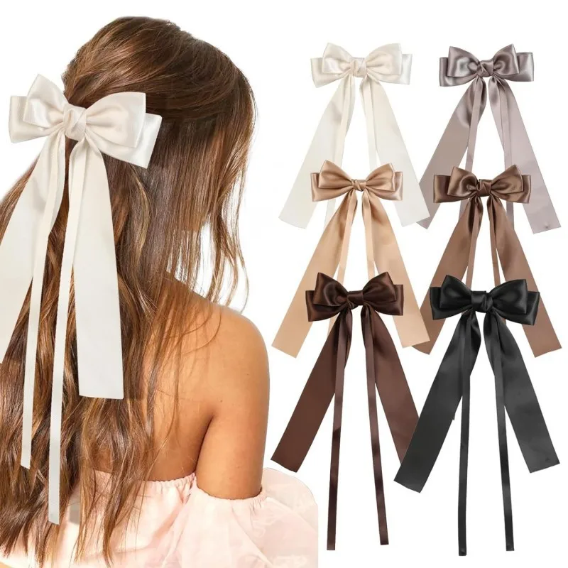 

Korean Solid Color Ribbon Double Bowknot Hair Clips for Women Girls Trendy Big Bow Long Tassel Silver Barrettes Pin Accessories