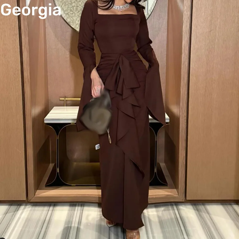 

Formal Dresses Customize Square Neckline A-Line Dresses For Prom Long Sleeves Ruffle Zipper Up Women'S Evening Dresses Floor-Len