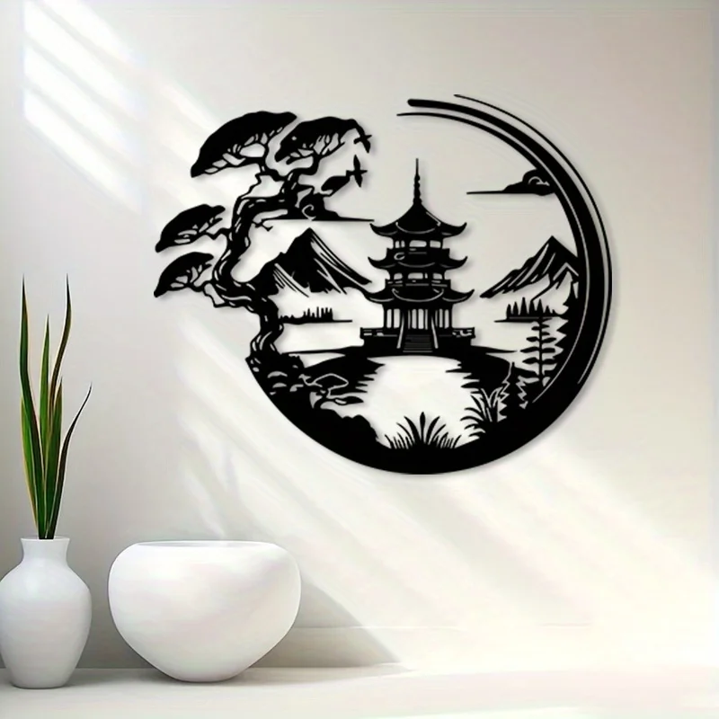 1pc Vintage Pagoda Moonlit Night Metal Wall Art, Iron Asian Style Garden Decor, Cultural Gift for Travelers