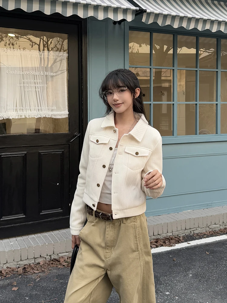 URKR Retro Sztruksowa Kurtka Damska Krótka Dopasowana z Wysokim Kołnierzem Zapinana na Guziki Casualowa Odzież Wierzchnia Poliester Nylon