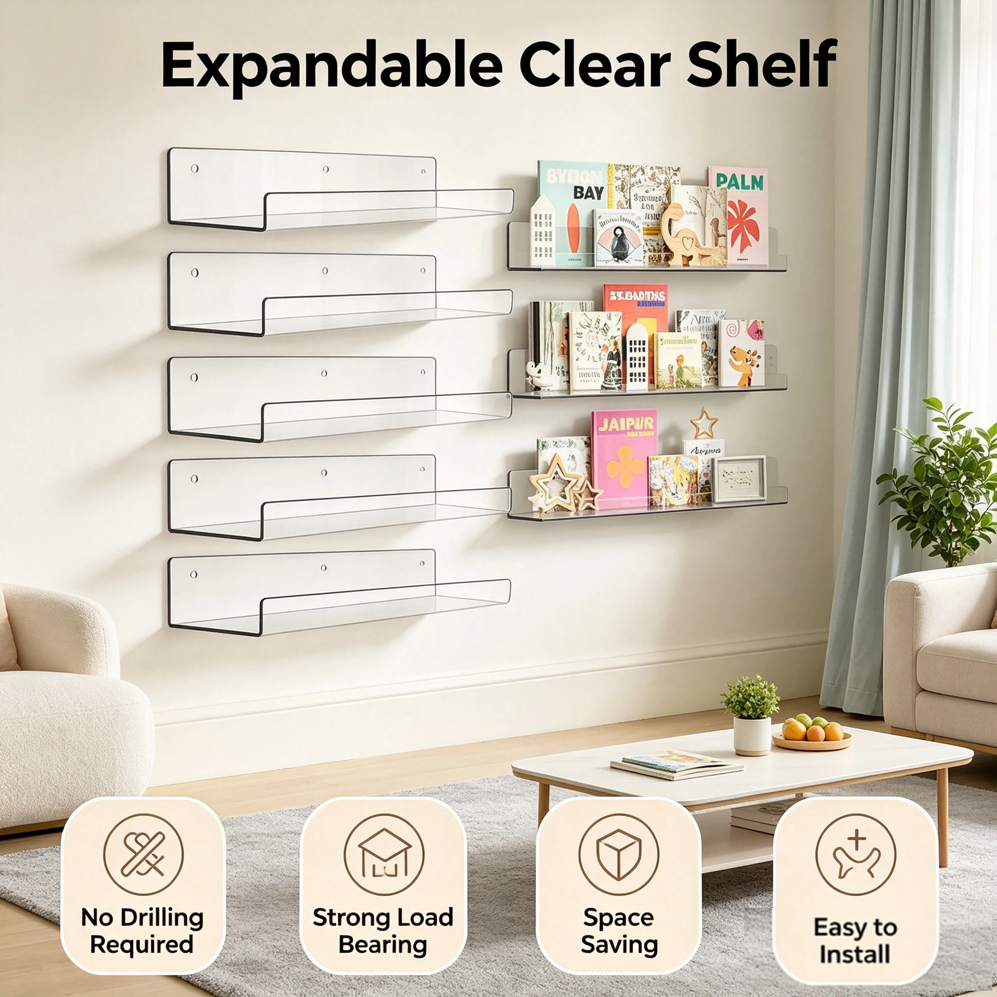 1-5 PCS No-drill 30cm Wall Mounted Acrylic Shelf U-Shaped Clear Display Rack for Action Figures Books Collectible Organization