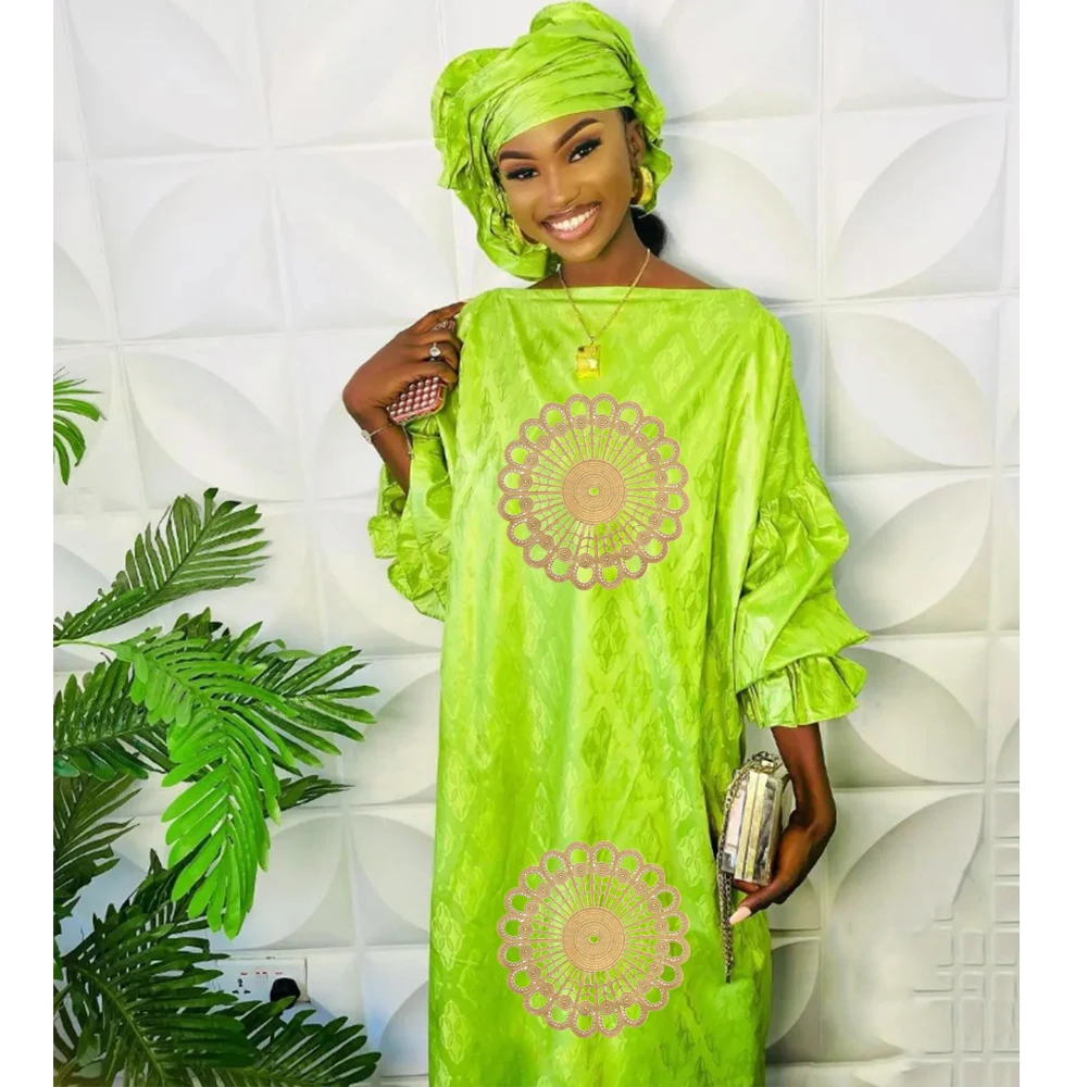 

Green High Quality African Bazin Riche Boubou Dress For Women Nigerian Wedding Party Gown Long Robe Baisn Sewn Clothing Robe