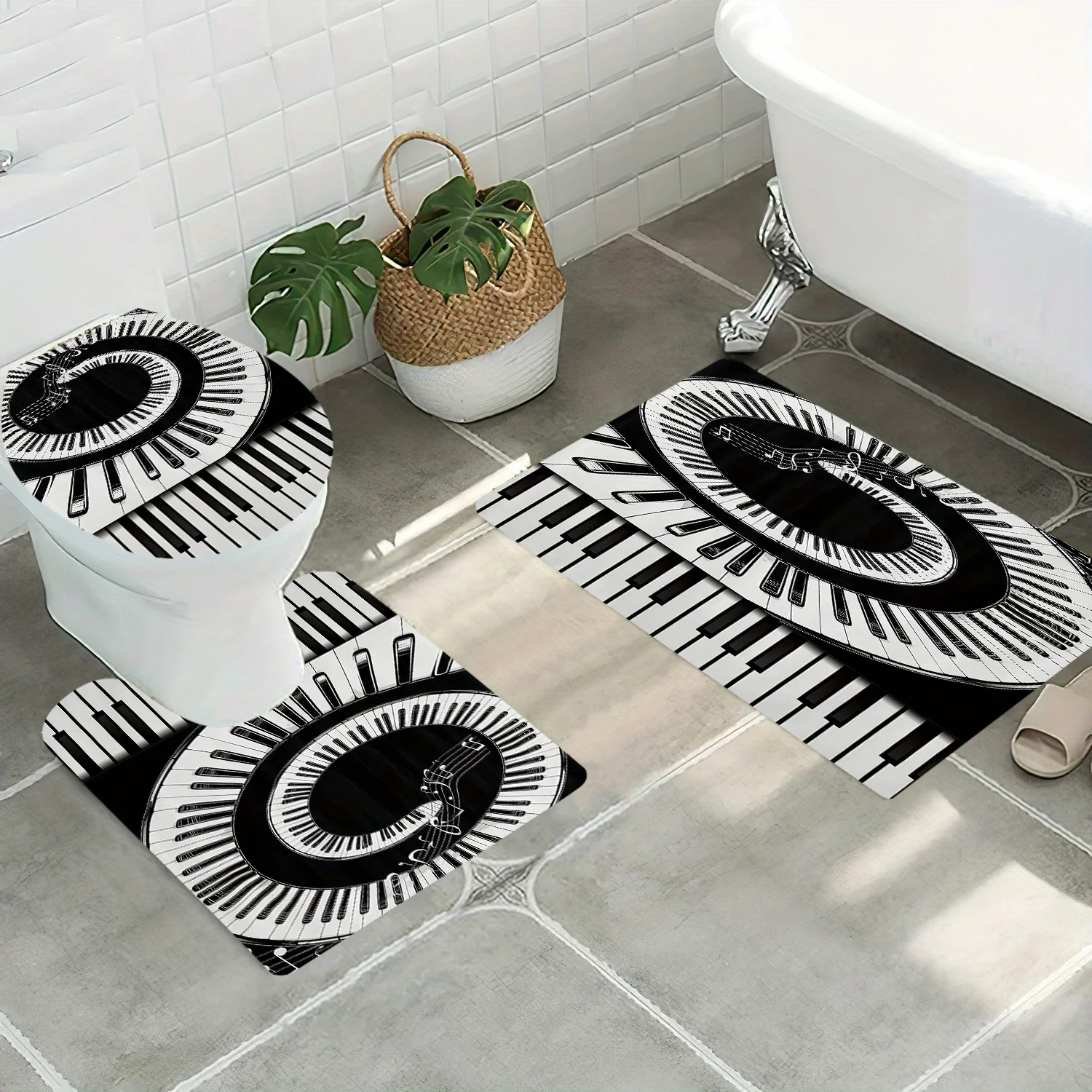 

Набор для ванной из 3 предметов с дизайном в виде клавиш пианино – с музыкальными нотами, нескользящая крышка для унитаза, коврик U-образной формы и напольный коврик, моющийся декор для ванной комнаты