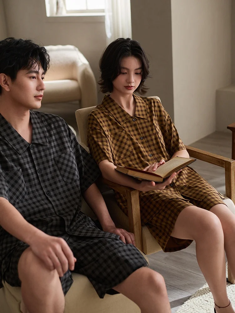 couple's-summer-cool-sensation-modal-cotton-pajamas-short-sleeve-plaid-home-clothes-men's-style-casual-comfortable-sleepwear