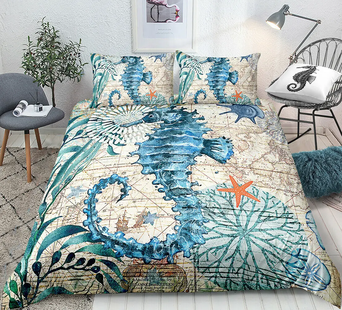 Sea Turtle Bedding Ocean Duvet Cover Set Teal Mediterranean Style Marine Themed Ocean Polyester Bedding Set Queen King Twin Size