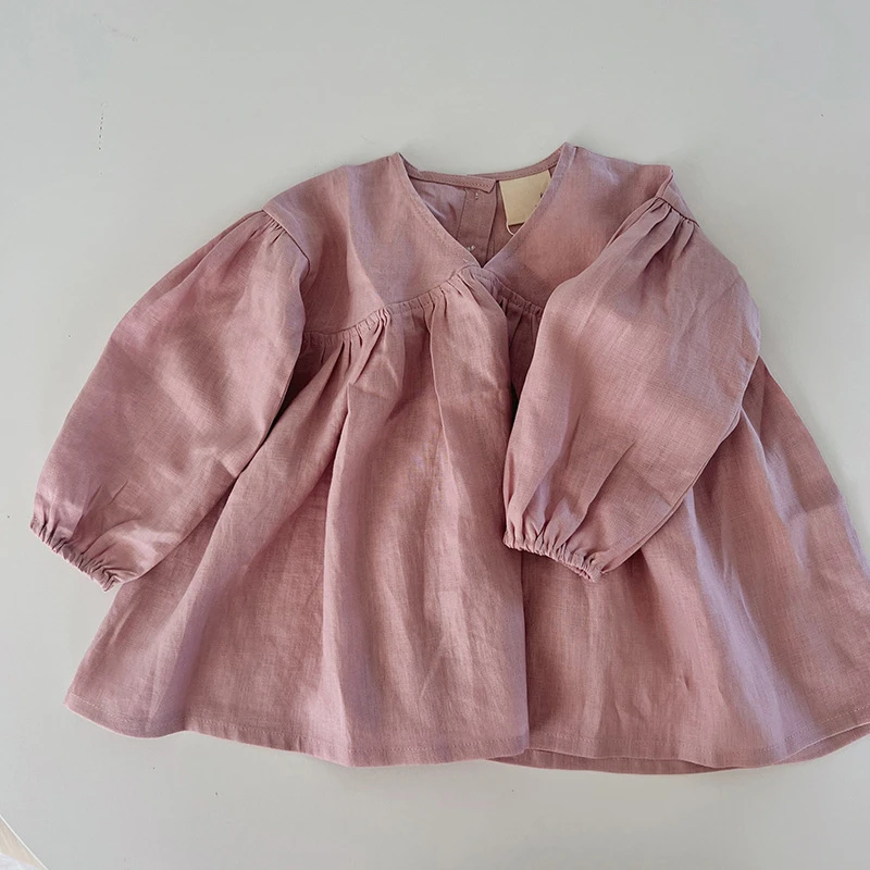 Girls Sweet Bubble Sleeve Linen Dress 2026 Spring New Baby Girl Retro Cotton Linen V-Neck Loose Princess Dresses Kids Clothes
