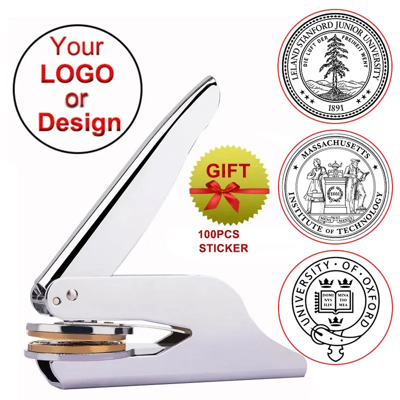 School Badge Embosser Custom Library Embossed Stamp Embossing Seal for Company Logo or University with 100pcs Stickers for Gift