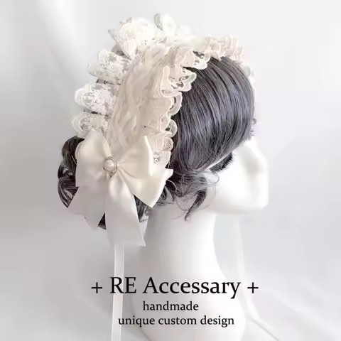 Ribbon Bow Hairband with Hairpins Girls Lolita Lace Ruffled Headband Sweet Star Embroidery Anime Maid Cosplay Headdress