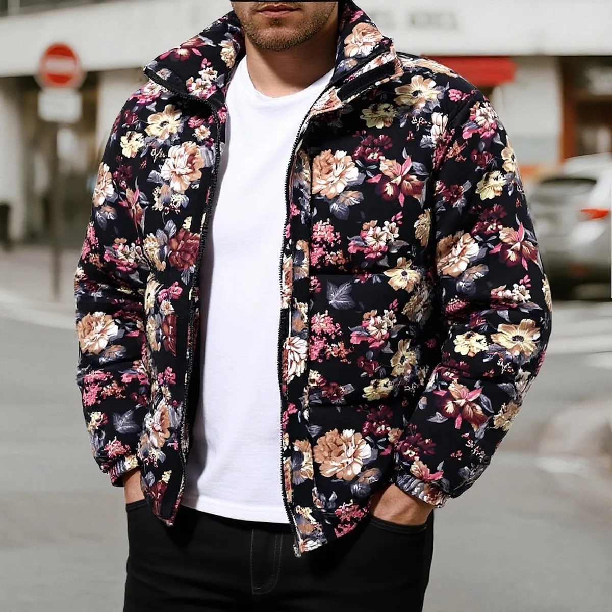 Winter New Arrival Men's Black Long-Sleeve Printed Thick Jacket, Green Stand-Up Collar Parka Coat, Beige Fashionable Warm Top.