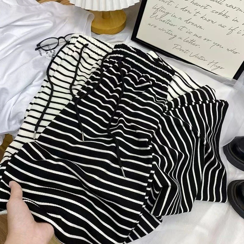 Serviette en soie glacée taille haute pantalon à jambes larges Dstring pantalon décontracté femme printemps été drapé rayé pantalons décontractés