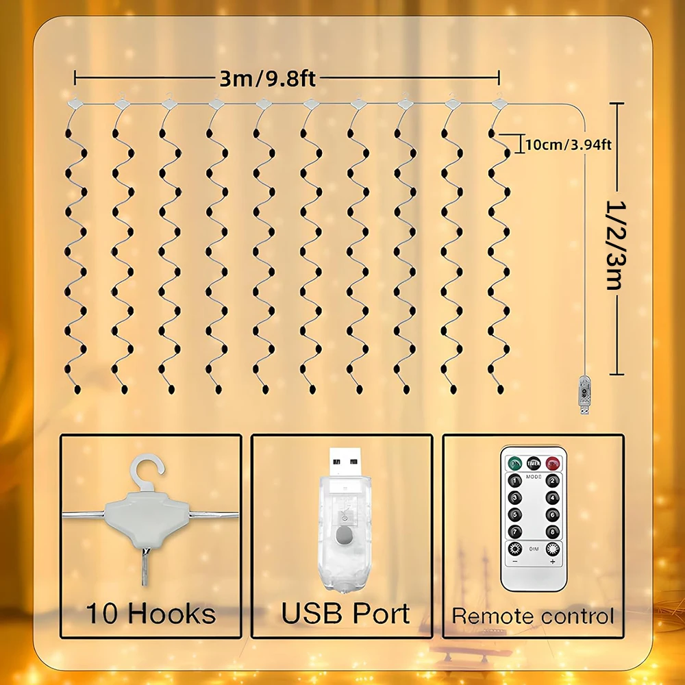 300Led Curtain Lights 8 Mode Christmas Fairy Light with Remote USB Plug in String Lights for Bedroom Wedding Party Decoration