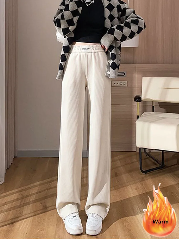 Velvet Lined Casual Wide Leg Pants Winter Thick Elastic High Waist Women Straight Pantalones Baggy Warm Plush Trousers New