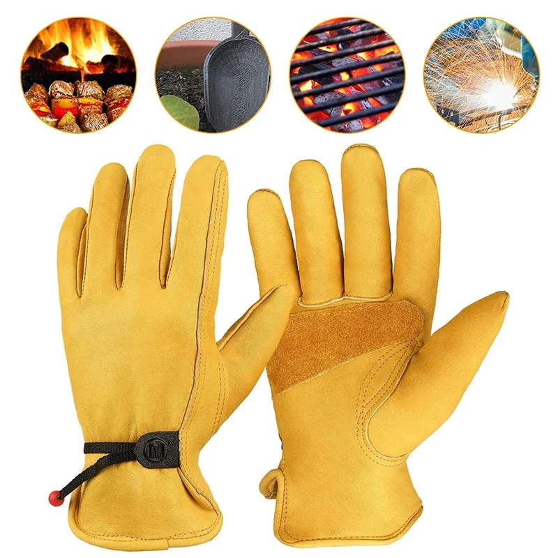 1 Pair Leather Work Glove Cowhide Welding Security Protection Gloves Workers Mechanic Driver Hunting Driving Farm Garden Glove