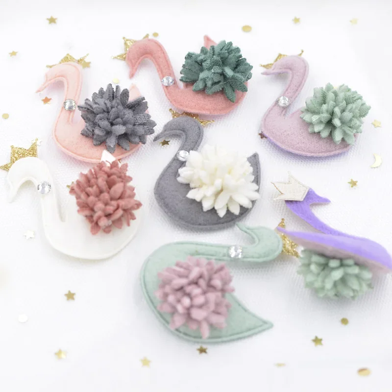 4/6Pcs 6CM Plush Fabric Pads Appliques Crown Rhinestone Flower Kawaii Swan Patches for Clothes Sewing DIY Hair Bow Ornament