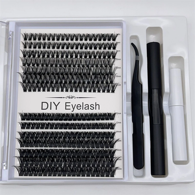 14 Rows/Tray Multi-layer mixed size natural long Segmental false eyelashes tweezers glue set with Eyelash tool