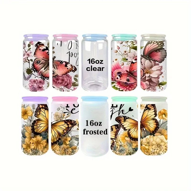 

25 Pack 16oz DIY Hot Sublimation Blank Clear Frosted Glasses with Coloured Lids and Plastic Straws Ice cube silicone Popsicle mo