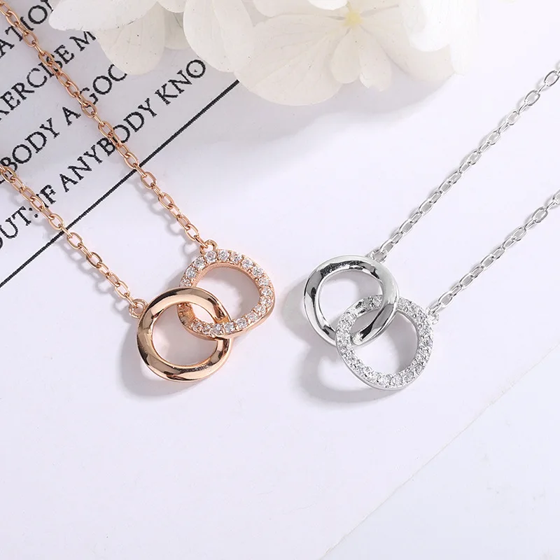 S925 Sterling Silver Mobius Ring Necklace Women's Clavicle Chain Small Design Sense Double Ring Full Diamond Pendant