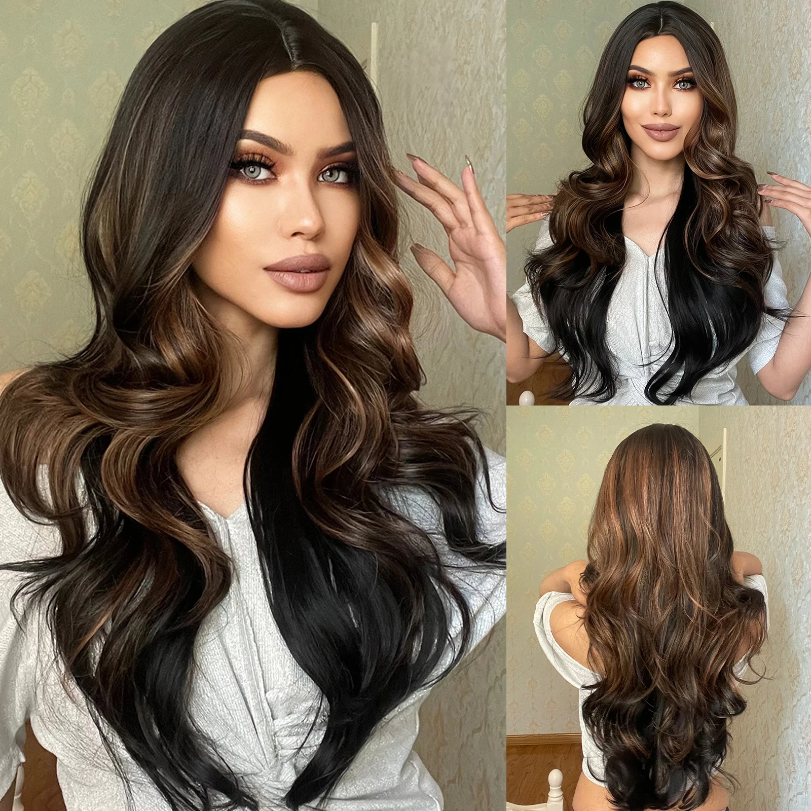 Black Brown Highlight Long Curly Synthetic Wigs for Women Middle Part Natural Wave Hair Wig for Daily Party Heat Resistant Hairs