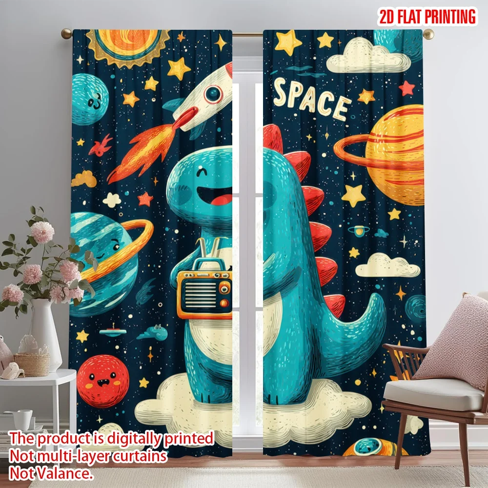 

2D flat printing 2pcs Curtain Dinosaur in Space Digital Printed Polyester Drapes Party Decorations Perfect for New Year