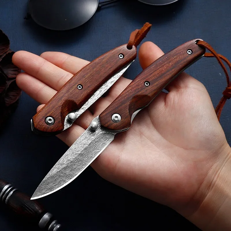 Damascus Steel High Hardness Folding Knife with Hanging Rope Portable Camping Self-defense Survival Household Fruit Knife