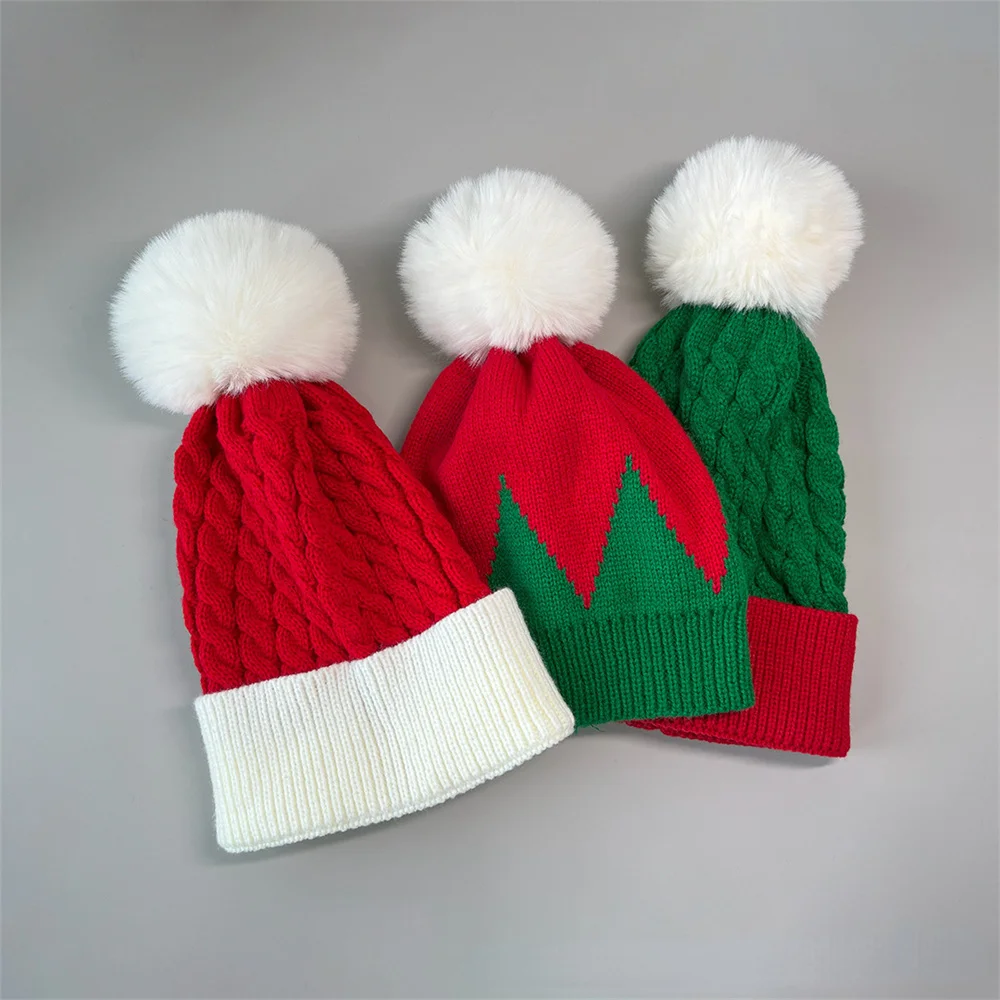 Niedliche europäisch-amerikanische Weihnachtsmütze, Wollmütze, Herbst- und Wintermütze, warme Mütze, Frohe Weihnachten, Glockenmütze, rot-grüne Mütze, warme Strickmütze