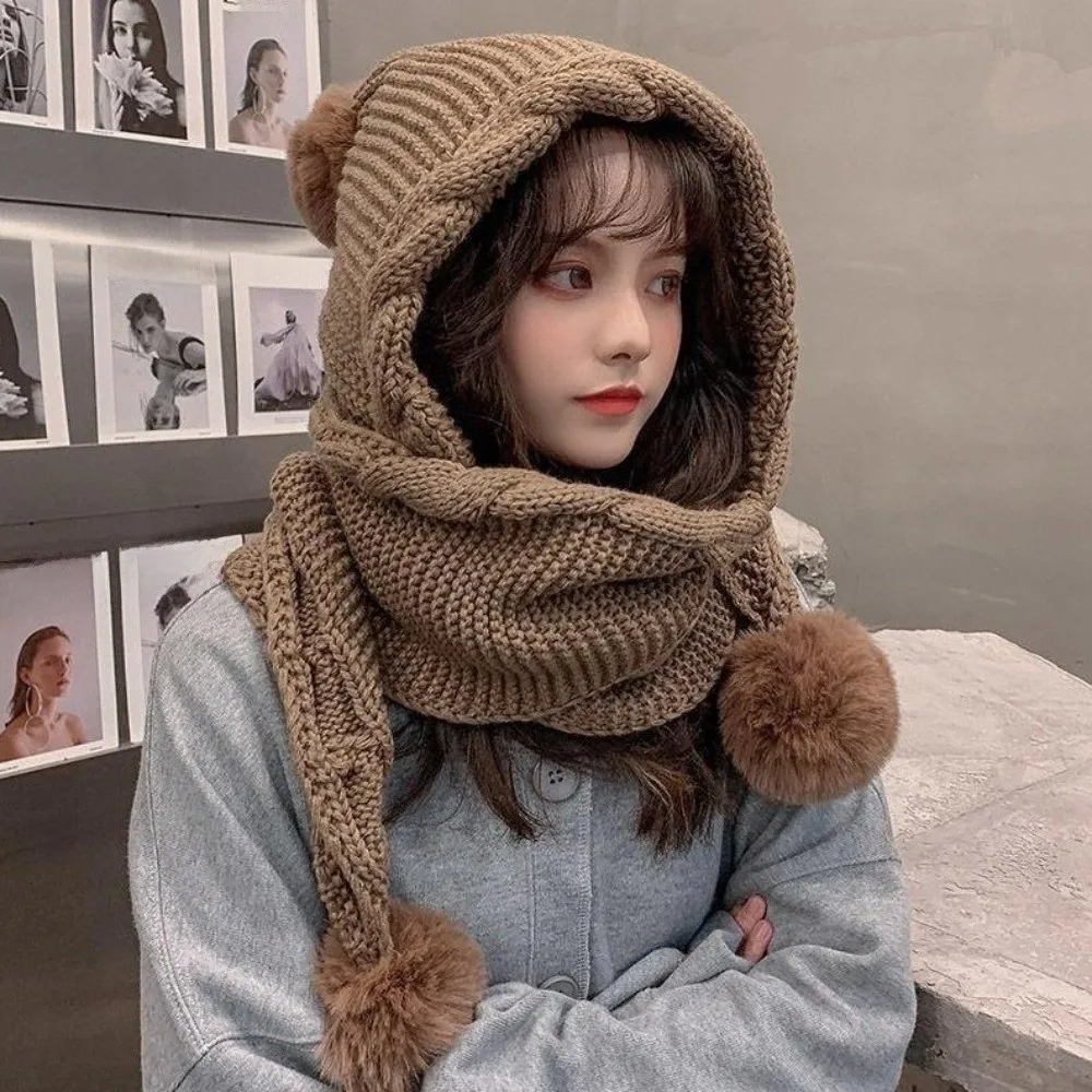 

Cute Twist Knitted Hat Scarf Set Ear Protection Windproof Women Hooded Scarf Soft Neck Warmer Cycling Balaclavas Hat Autumn