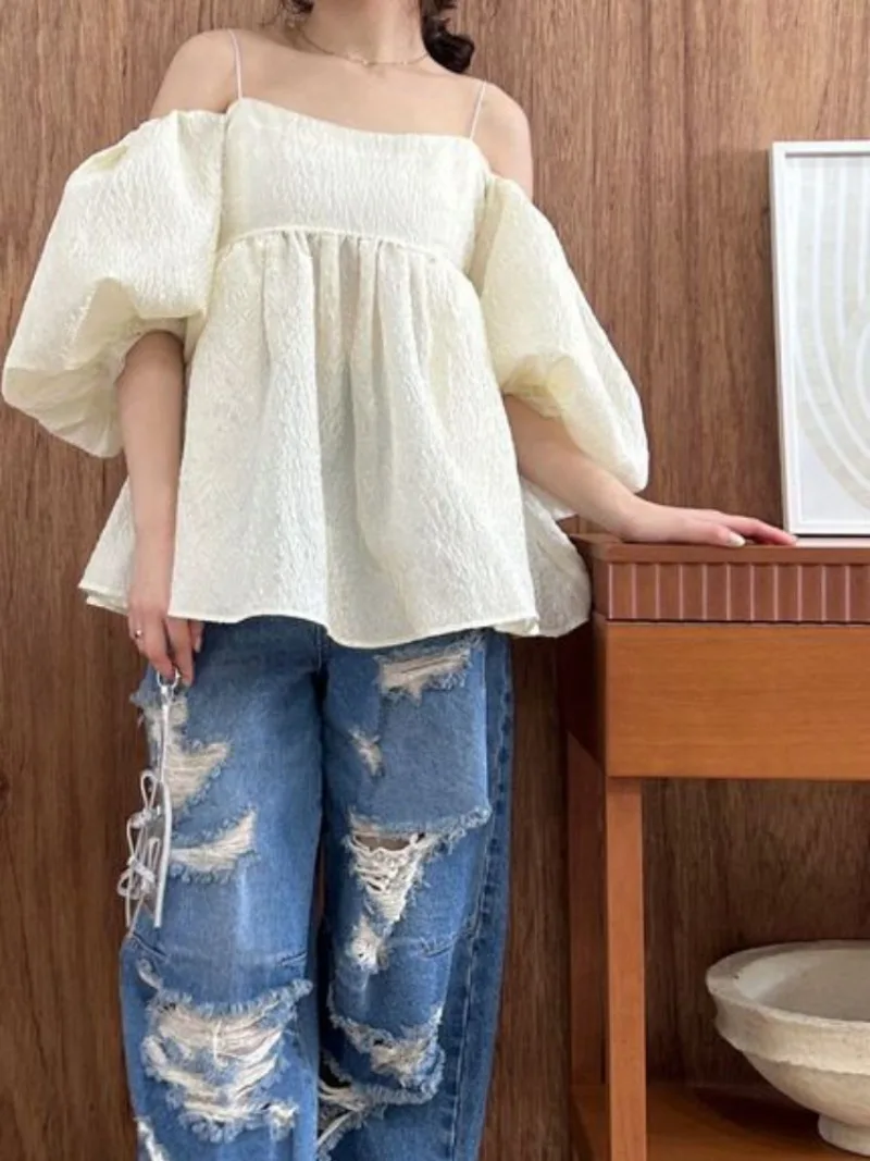 Japan Style Chic Sweet Puff Sleeve Jacquard Shirts Off Shoulder Two Ways To Wear Camisole Top 2024 Spring Summer Solid Blouses