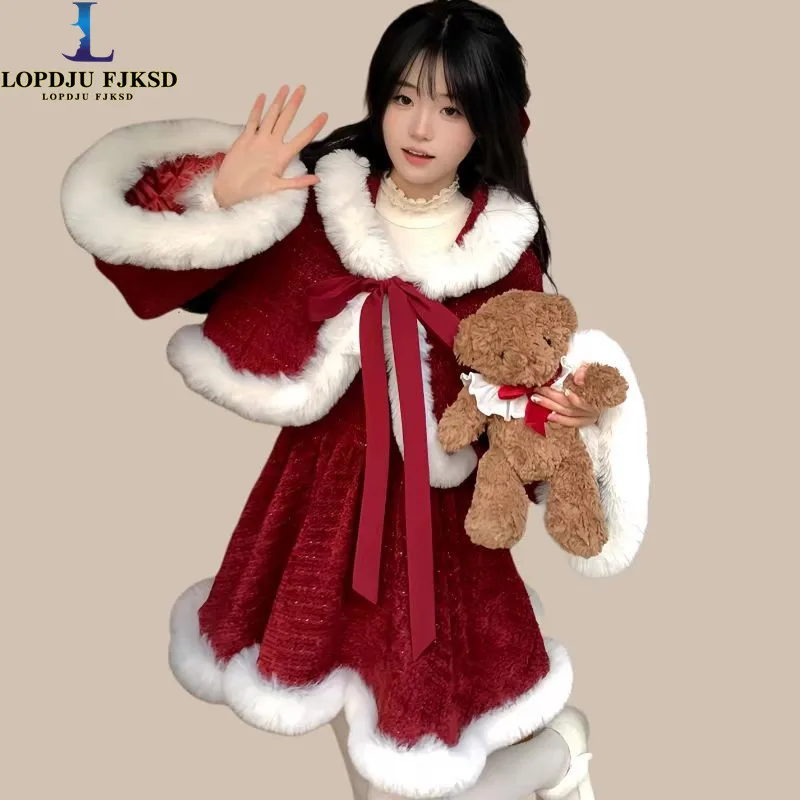 Plush Coat+Bow Suspender Skirt Christmas and New Year's Battle Fobe Suit,Hooded Coat