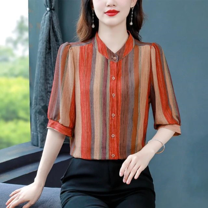 2024 Summer New High End Shirt Middle Sleeve Stripe Top Printed Mom\'s Wear Large Size Western Style Age Reducing Chiffon Shirt P