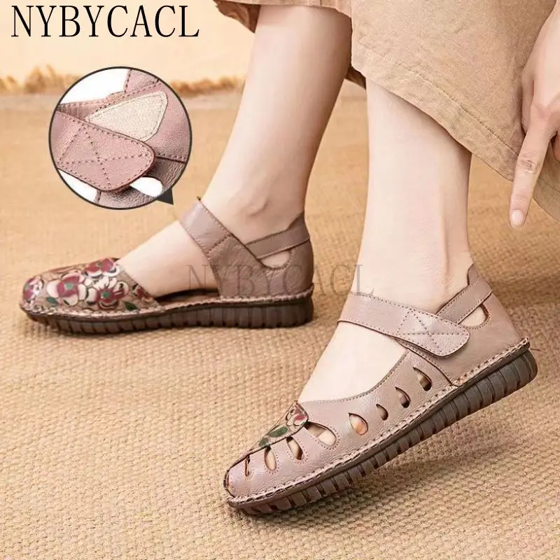 New Women Bohemian Vintage Style Flat Heels Sandals Summer Slingback Round Close Toe Shoes Woman Printed Genuine Leather 2022