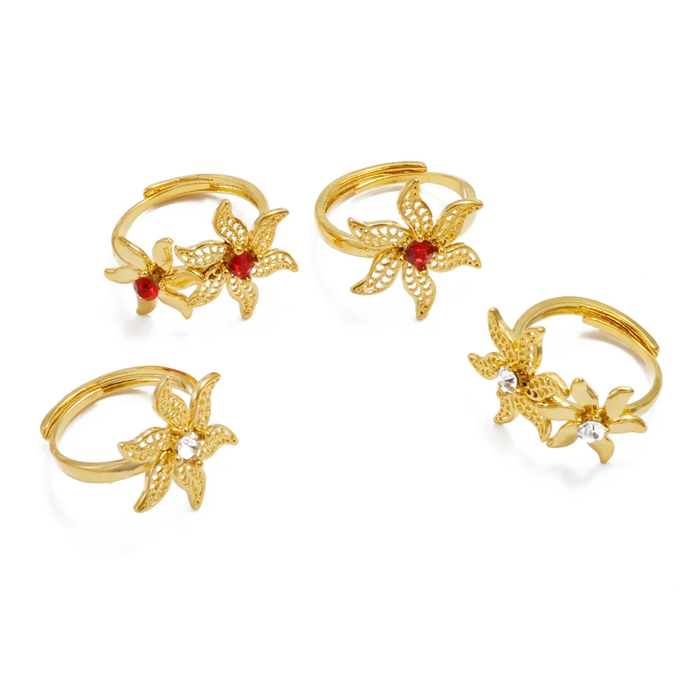 Anniyo African Flowers Rings With Red and Clear Rhinestone for Women Girls Gold Plated Mayotte Jewelry #345306