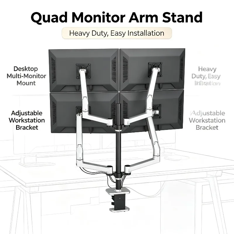 4 Screen Monitor Mount with Aluminum Alloy Arms, Freely Lifting Height, Universal Left Right Rotating Computer Bracket