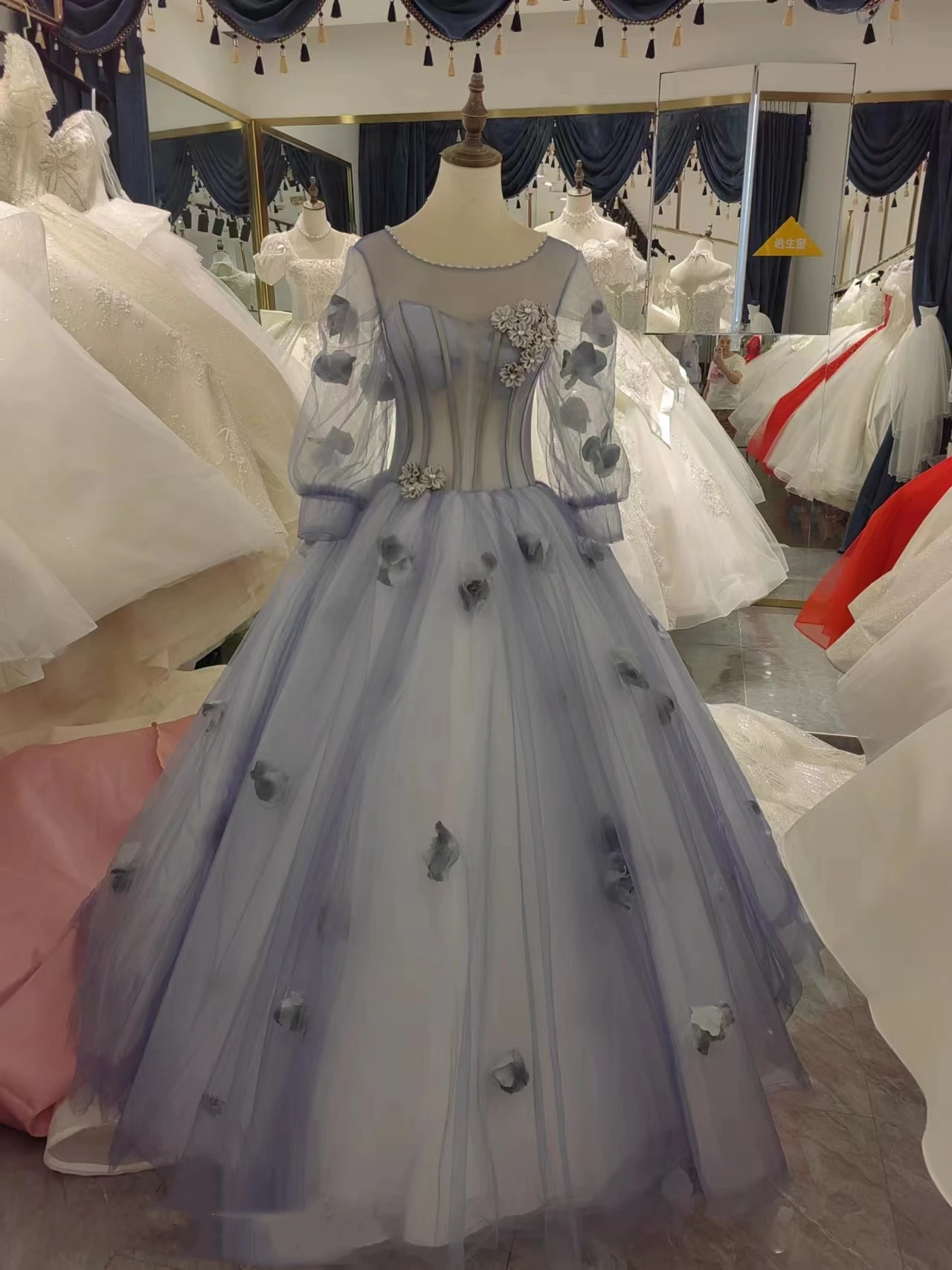 

Cstom Plus Size Sweet Blue Quinceanera Dress Full Sleeve Appliques 3D Flowers Ball Gown Porm De 15 Años Prom Party Vestidos