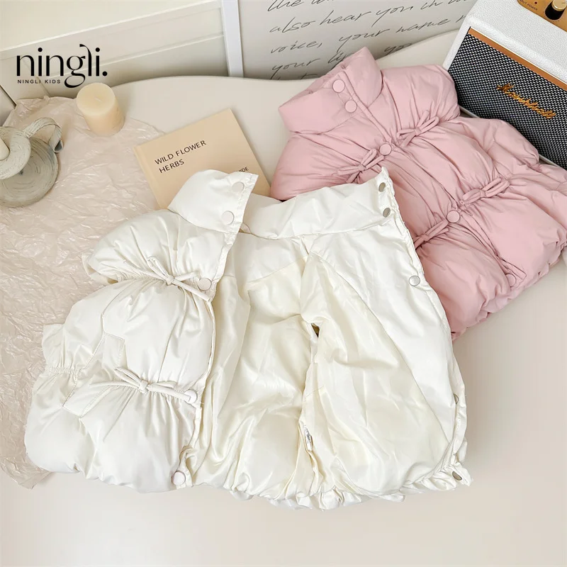 Autumn Girls Bow Vest Children Winter Down Cotton Waistcoat Toddler Thickened Stand Collar Jackets Kids Warm Fashion Clothing