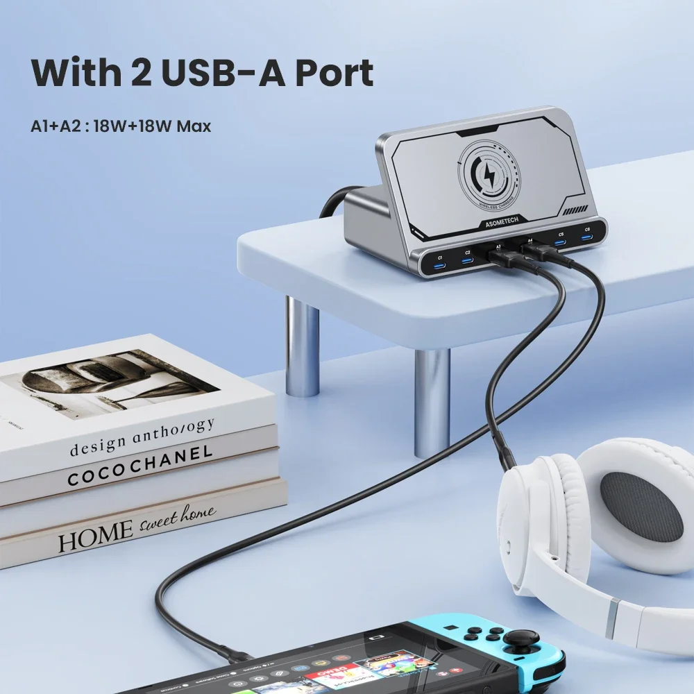 160W 6 Ports USB Charger Staion  Wireless Charging QC 4.0 3.0 Type C PD 3.0 Fast Charger for IPhone 15 Pro Samsung Tablet Laptop
