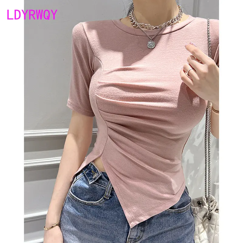 Pink Round Neck Short Sleeve T-shirt Women's Summer 2023 New Fold Waist Split Irregular Top