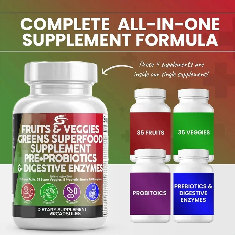 60 Capsules Of Fruit And Vegetable Supplements With Probiotics, Probiotics, Digestive Enzymes, And Natural Spirulina-