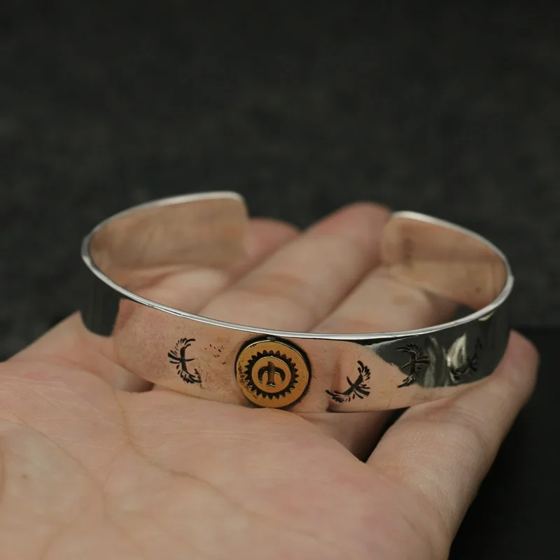 

925 sterling silver gold eagle open-ended Bracelet Men's retro distressed handmade silver bracelet Women's