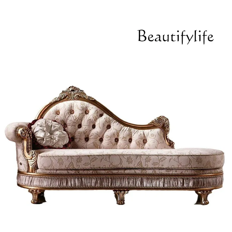 

European neoclassical concubine chair bedroom French pure handmade solid wood carving flower fabric pull button concubine chair