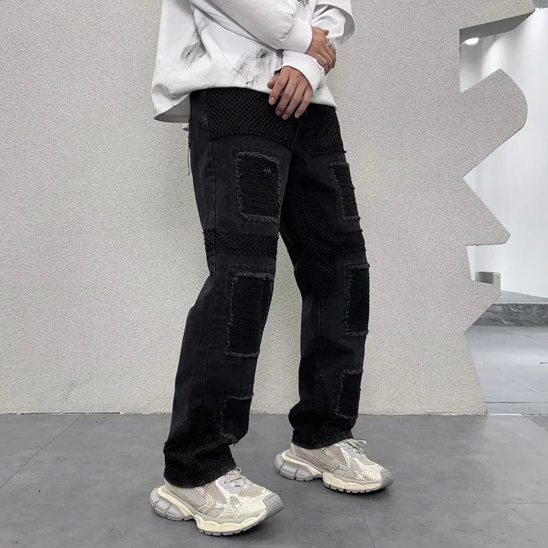 2024 New Y2K American Retro Scrape Jeans Men's Loose oversize Washed Old Street Handsome Mop Pants