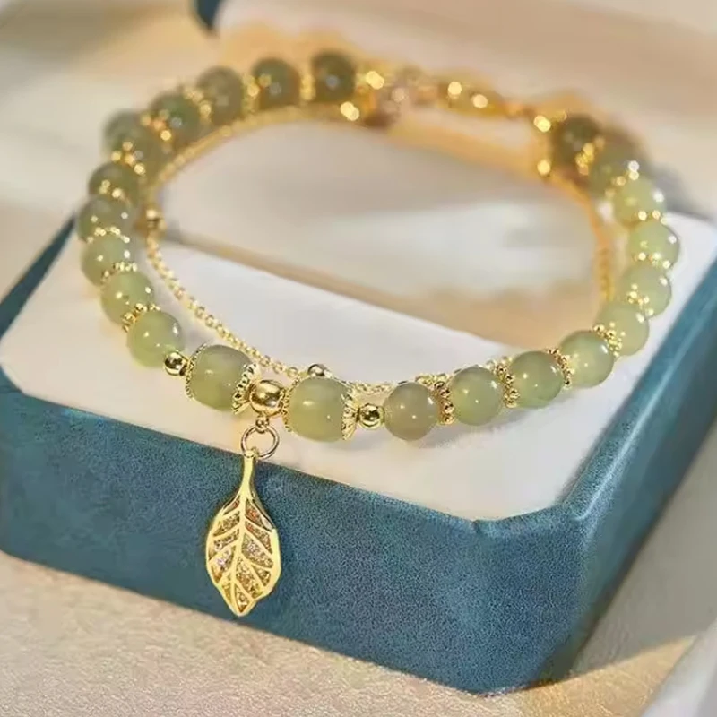 Pulsera de Jade Verde Chapada en Oro para Mujer, Brazalete de Doble Cadena con Hojas, Joyería de Muñeca Estilo Chino Vintage, El Mejor Regalo para Mamá