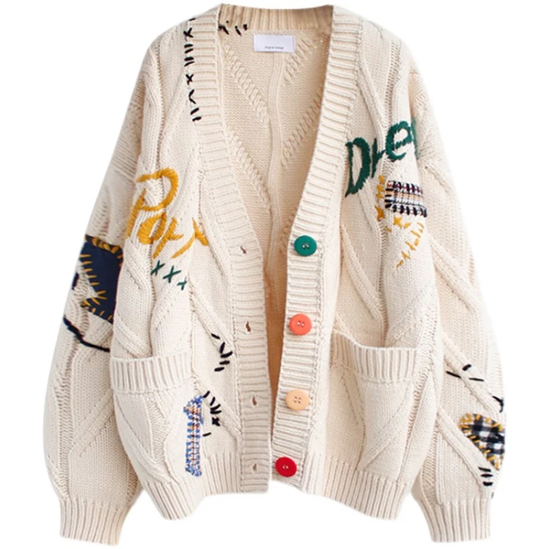 

Red Embroidered Open Cardigan Knitted Sweater Women's Fashion 2023 New Arrival Versatile Lazy Style Long Sleeve V-Neck Sweater