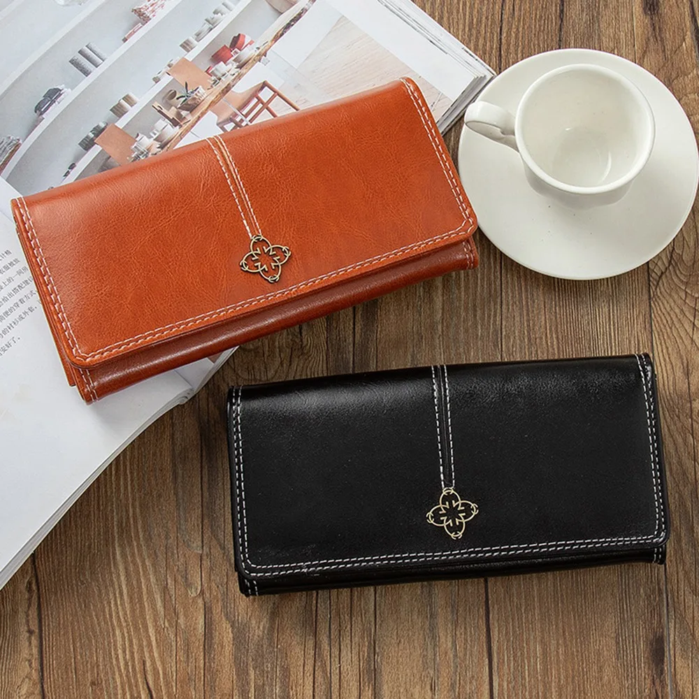 Portefeuille pliant étanche avec blocage RFID, cire d'huile, cuir PU pour femme, Long sac à main avec plusieurs fentes pour cartes, boucle