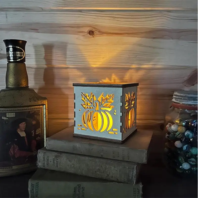 Wood Candle Holders Handcraft Wooden Square Cutout Pumpkin Lantern Fall Decorations Pumpkin Lantern With Electric Candle Holiday