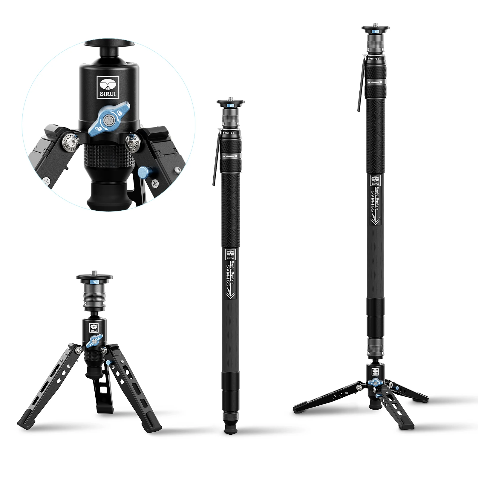 SIRUI 3-in-1 Carbon Fiber Monopod Move Tripod SVM-165 Compact and Lightweight Monopod For DSLR Camera Video Head Rapid Load 10kg
