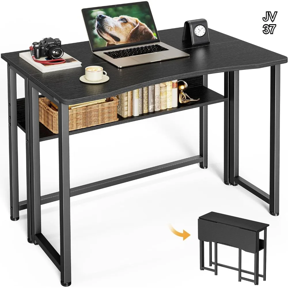 31.5 Inch Foldable Computer Desk with Storage Shelf, Space Saving for Small Spaces, Black