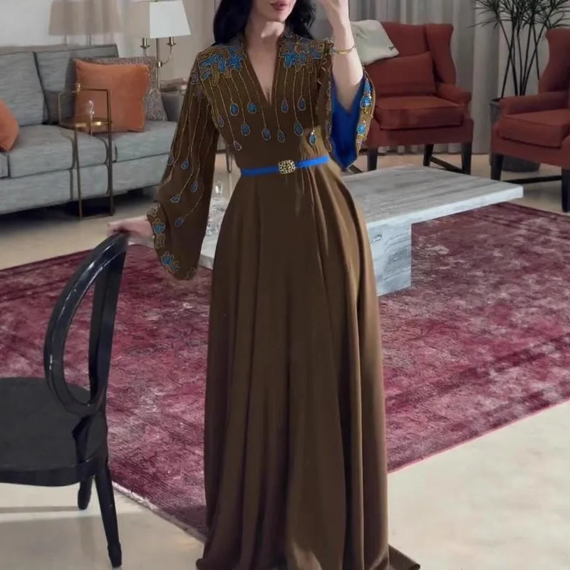 Sukienka szlafrokowa z nadrukiem kwiatów z diamentami, seksowna sukienka damska z dekoltem w serek, wysokim stanem, na bankiet, nowa moda, długi rękaw, dopasowana sukienka na wakacje.