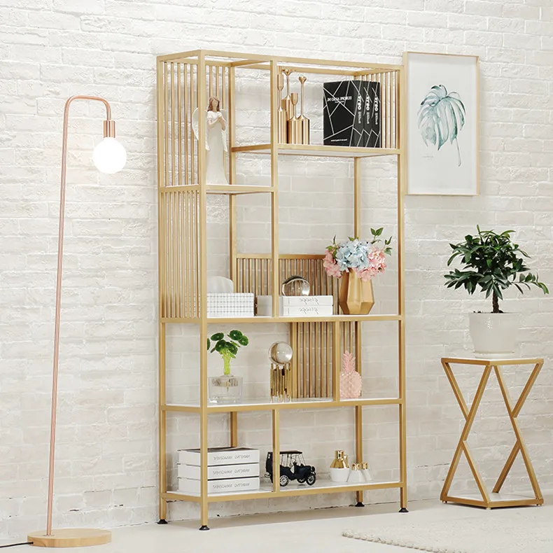 Nordic gold wrought iron shelf simple solid wood living room multi-layer floor decoration display rack